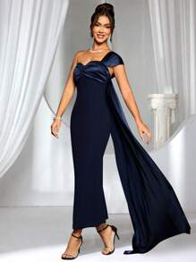 Coutiva 女士针织海军蓝腰部修身连衣裙、晚礼服、优雅舞会礼服、正式礼服、适合春夏季音乐节、伴娘礼服 - 藍色 - 查看 5