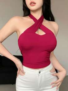 DAZY Women's Solid Color Halter Design Sleeveless Wrap Crop Top For Summer - Hot Pink - View 2