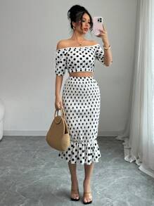Elenzga Elegant Sexy Bohemian Off Shoulder Two-Piece Set: Polka Dot Frill Hem Cropped Top - White - View 1