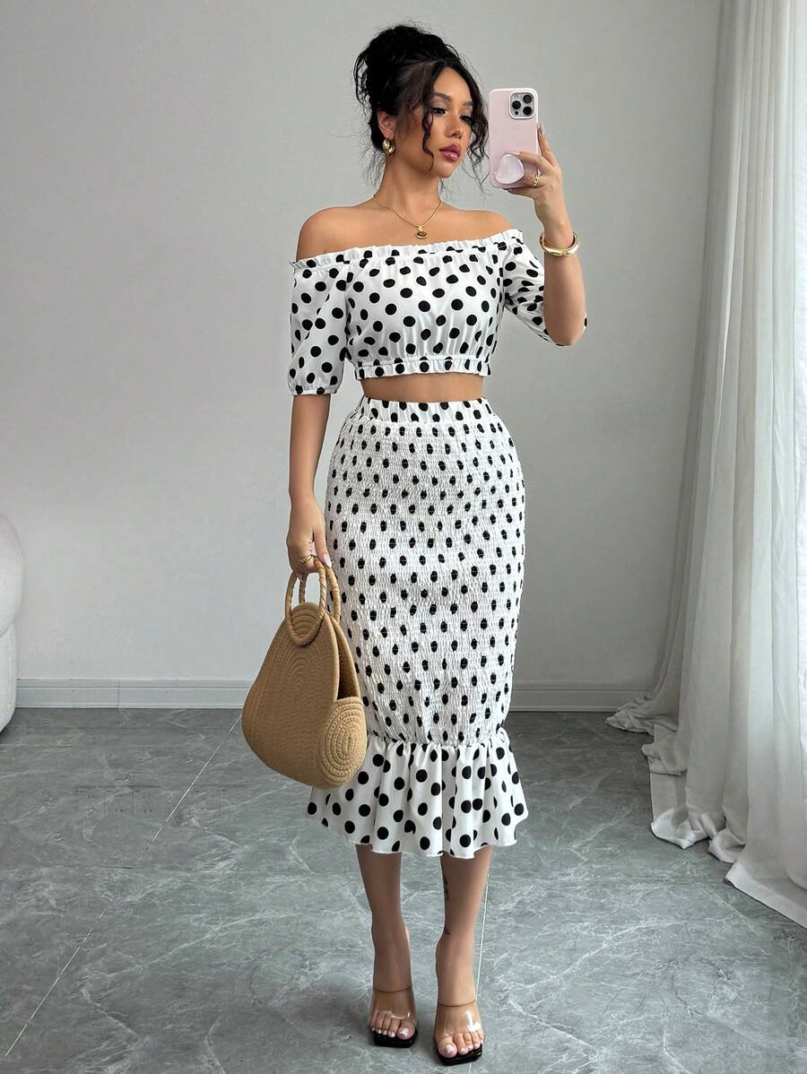 Elenzga Elegant Sexy Bohemian Off Shoulder Two-Piece Set: Polka Dot Frill Hem Cropped Top - White - View 1