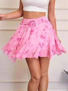 SHEIN VCAY 女士粉色雪纺碎花褶皱 A 字裙，春夏 - 粉色 - 查看 4