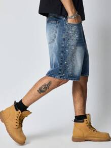 ROMWE MEN Street Life Men's Colorful Diamond Pattern Loose Fit Denim Shorts Jorts - Blue - View 4