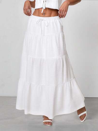 SHEIN PETITE 女士纯色腰带多层荷叶边下摆休闲半身裙