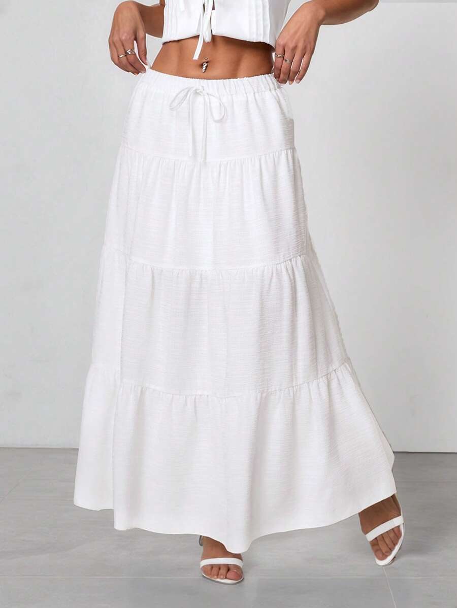 SHEIN PETITE 纯色休闲长裙 - 白色 - 查看 1