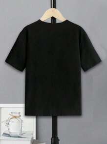 SHEIN 少年男童1件時尚基礎款圓領短袖t恤,帶字母印花 - 黑色 - 查看 2