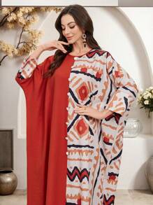 Al Najma Lente/Zomer Dames Ronde Hals Geometrisch Patroon Patchwork Effen Kleur Turkse & Arabische Stijl Lange Jurk
