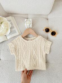 SHEIN LMoss Kids LMoss Young Girl Solid Color Jacquard Knit Round Neck Fitted Cropped T-Shirt - Apricot - View 4