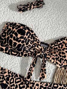 SHEIN Swim 2pcs/Set Leopard Print Halter Tie Front Sexy Bikini Set For Summer Beach Vacation - Multicolor - View 5