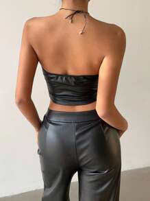 INAWLY Women's Fashion Sexy Drawstring PU Hollow Out Cropped Tube Top - Black - View 2