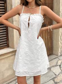 SHEIN Frenchy Women's Casual Vacation Solid Color Hollow Out Embroidered Spaghetti Strap Mini Dress Summer White Beach - White - View 1