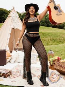 SHEIN LUNE سراويل بوهيمية بتصميم خماسي النجوم من الشبك الشفاف لحفلات الموسيقى مقاس كبير للنساء - الأسود - مشاهدة 5