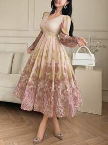 DAZY Đầm midi cổ vuông in hoa toàn thân phong cách Bohemian dành cho nữ, thanh lịch, đầm tay dài mùa thu, đầm lễ Phục sinh. - Màu Hồng  Dưa hấu - Xem 7