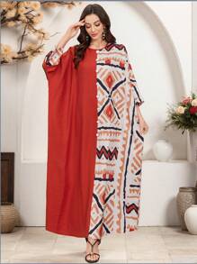 Al Najma Lente/Zomer Dames Ronde Hals Geometrisch Patroon Patchwork Effen Kleur Turkse & Arabische Stijl Lange Jurk