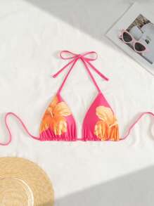 Swim Mod Floral Print Cute & Fashionable Halter Backless Bikini Top For Summer Beach Vacation - Pink - View 3