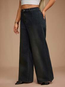 SHEIN Forever 21 Plus Size Women's Extra Long Black Denim Jeans: Wide Leg, Zipper Detail, And Flattering Fit - Black - View 5