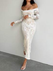 Aloruh Vestido ajustado tipo ajustado de manga larga de encaje blanco con hombros descubiertos, escote drapeado, apropiado para fiestas, citas nocturnas, temporada de bodas y eventos formales de noche, otoño/invierno