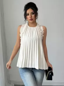 Elenzga Sleeveless Frill Trim A-Line Pleated Elegant Romantic Women Dress - Apricot - View 1