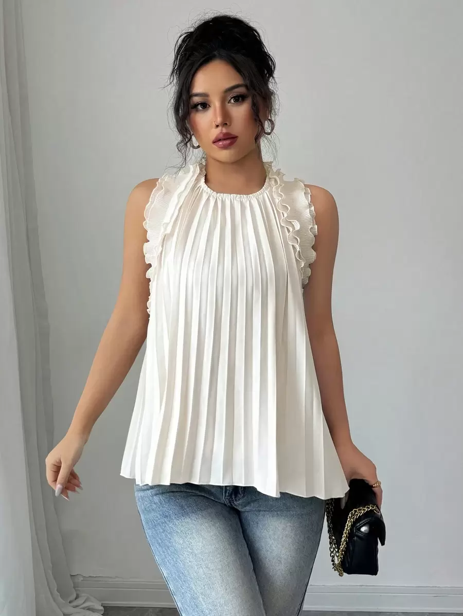 Elenzga Sleeveless Frill Trim A-Line Pleated Elegant Romantic Women Dress - Apricot - View 1