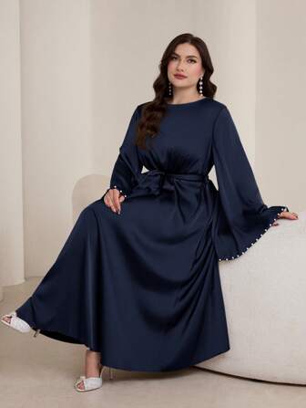 Graceveil Frauen Große Größen Kleid mit weiten Ärmeln, Perlen-Verzierung im arabischen Stil, dezent