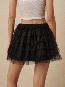 Poéselle Saia de Tule Multilayer Cor Sólida Moda Feminina - Preto - Visão 6