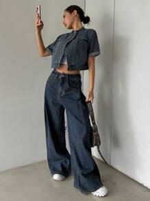 DAZY Women Pleated Denim Straight Leg Jeans,Baggy Jeans - Dark Wash - View 7