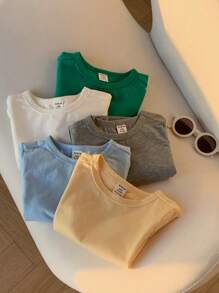 SHEIN 5pcs/Pack Summer Cute Solid Color All-Match Knit Short Sleeve T-Shirt Pack For Babies & Toddlers, Versatile