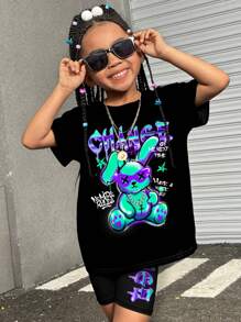 2 件套年轻女孩休闲简约字母卡通兔子印花短袖 T 恤和短裤套装，适合夏季 - 黑色 - 查看 1