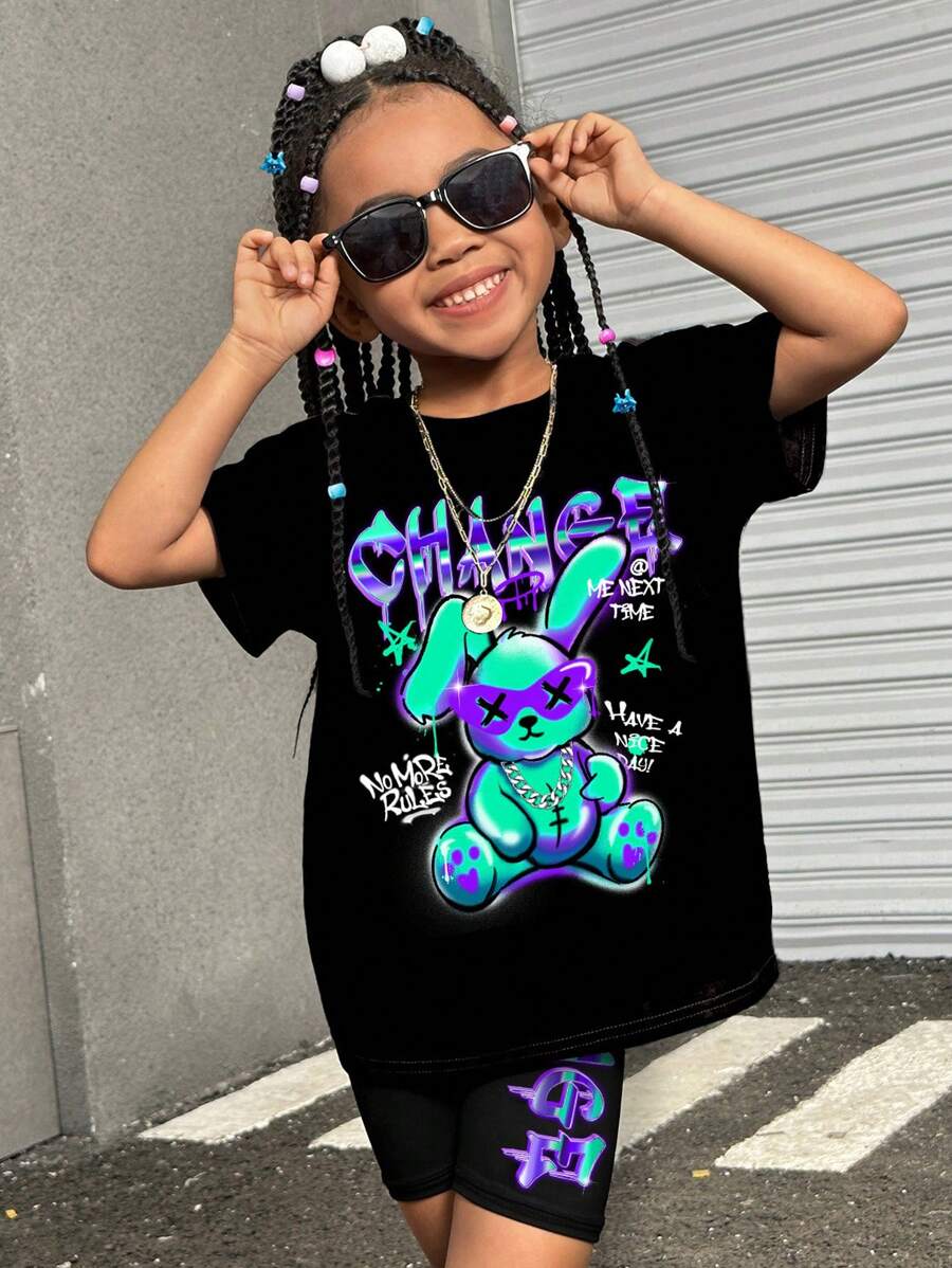 2 件套年轻女孩休闲简约字母卡通兔子印花短袖 T 恤和短裤套装，适合夏季 - 黑色 - 查看 1