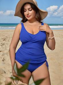 SHEIN Swim Lushore Plus Size Women 2pcs Set Solid Color Cross Front Top & Drawstring Bottoms Mature One-Piece Swimwear - Navy Blue - View 3