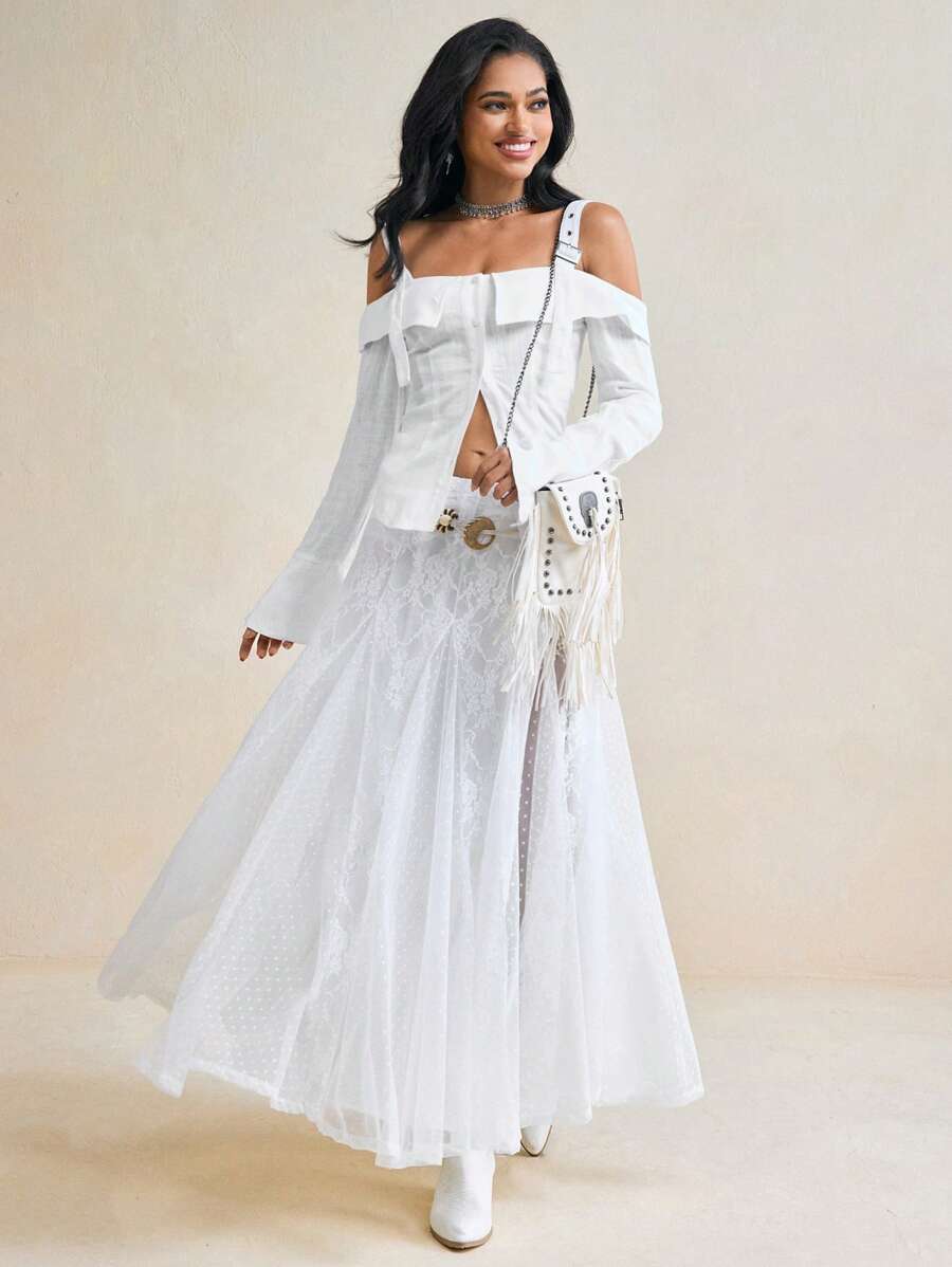 Nazario Designer Business Casual White Woven Linen Cold Shoulder Flap Buckled Straps Blouse, Office - White - View 1