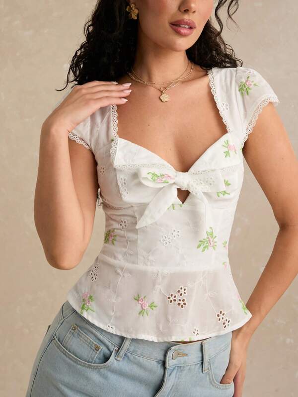 Enchnt Bluză de modă cu mâneci bufante, brodate florală, pentru femei