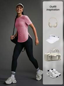 Powerista Koszulka damska z okrągłym dekoltem i krótkim rękawem, w jednolitym kolorze, do ćwiczeń, sportowa, na siłownię