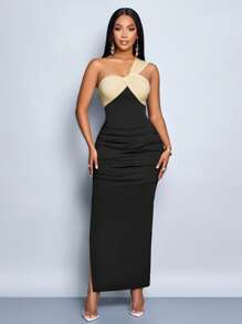 SOLERSUN 四季女装婚礼聚会派对优雅黑杏色拼接不对称单肩无袖聚拢侧开衩针织超长连衣裙 - 黑色 - 查看 7