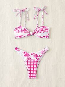 SHEIN Swim Set Pakaian Renang Bikini dan Cami dengan Motif Bunga dan Kotak-kotak untuk Liburan Pantai Musim Panas - Hot Pink - View 5