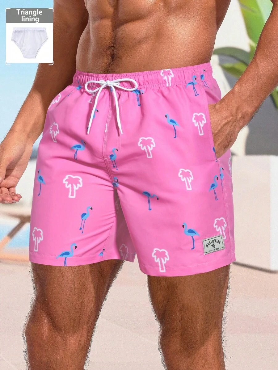Surfspeed Tropical Print Drawstring Men's Beach Shorts, Suitable For Vacation - Pink - View 1