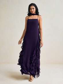 TSS Vestido maxi de gasa con tirantes de espagueti, volantes laterales y chal en color púrpura oscuro, vestido elegante para boda, cóctel o fiesta formal para mujer, vestido de verano bohemio para vacaciones