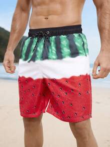 Manfinity KASUA Men's Watermelon Print Drawstring Waist Casual Beach Shorts Men Swim Trunks - Red - View 4