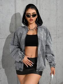 SHEIN ICON Women Washed Denim Hooded Jacket - Grey - View 2