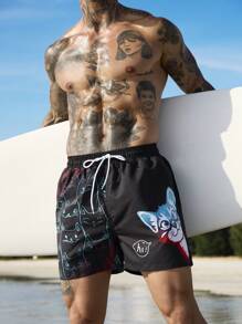 Surfspeed Men's Cartoon Cat Print Drawstring Pocket Beach Shorts  Men Swim Trunks