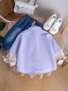 SHEIN Young Boy Casual 2 In 1 Long Sleeve Shirt, Simple And Loose Lapel, Sleeves With Exquisite Label, Fashionable Casual Wear For Daily Outing, Parties, Holidays, And School Plain Shirt For Kidsboys Shirt Setpocket Teen Boys Sets