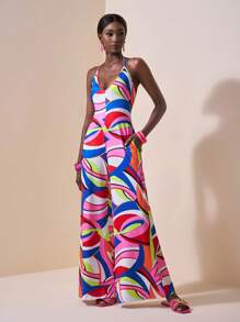 Slaydiva 休闲抽象印花挂脖系带连体裤，夏季 - 彩色 - 查看 6