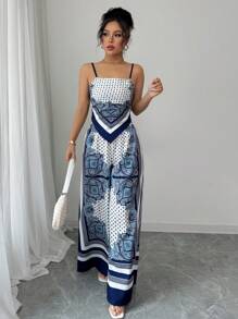 Elenzga 女士度假套装，蓝色扎染波西米亚风不对称吊带背心和宽松阔腿裤 - 藍色 - 查看 3