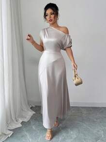 Elenzga Women's Apricot Satin Asymmetrical Shoulder Ruched Waist Shiny Flowing Dress - Apricot - View 6