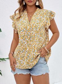 SHEIN Clasi Camicia da donna con maniche a farfalla, motivo floreale ditsy giallo, taglie forti, bluse da donna, capi da donna, abbigliamento estivo da donna, camicie da donna, stile boho, bohémien, abbigliamento estivo da donna, outfit vacanza da donna - Giallo - Visualizzare 3
