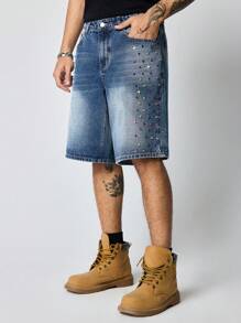 ROMWE MEN Street Life Men's Colorful Diamond Pattern Loose Fit Denim Shorts Jorts - Blue - View 2