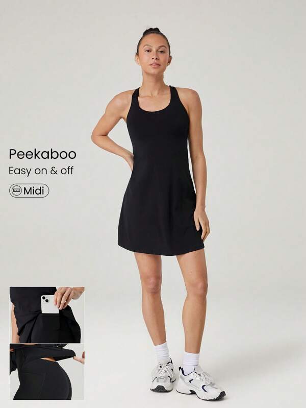 GLOWMODE FeatherFit™-Air Full Focus Sweat-Wicking Quick-Dry Peekaboo Crossover Cutout Back Midi Dress With Built-In Shorts Side Pockets Non-Slip Grips Low Impact Yoga Pilates Studio Daily Casual Wear Removable Cups