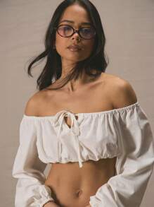 MUSERA Stripe Linen Bardot Off Shoulder Tie Front Long Sleeve Top Western  Cute Date Night Vacation Work Everyday Casual Going Out  ,Elegant - White - View 4