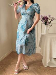 xheDAZY Vestido de mujer de longitud media con escote en V y estampado floral diminuto, vestido de verano para el Día de San Valentín, atuendos de vacaciones para mujeres, estilo bohemio para Pascuaxhe - Azul - Ver 5