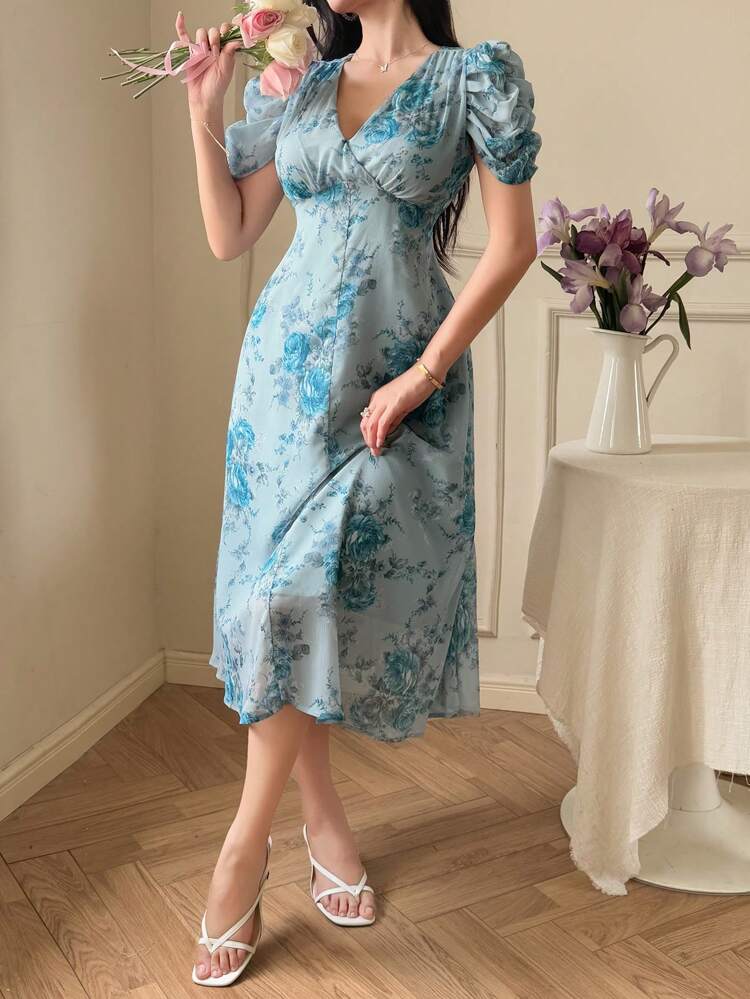 Women V-Neck Ditsy Floral Mid-Length Dress, Valentine's Day Summer Sundress Vacation Outfits Women Easter Boho