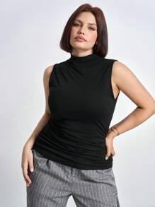 Chikora Plus Size Ruched Slim Fit Stand Collar Tank Top Concert Women Outfit,Business Casual Woman